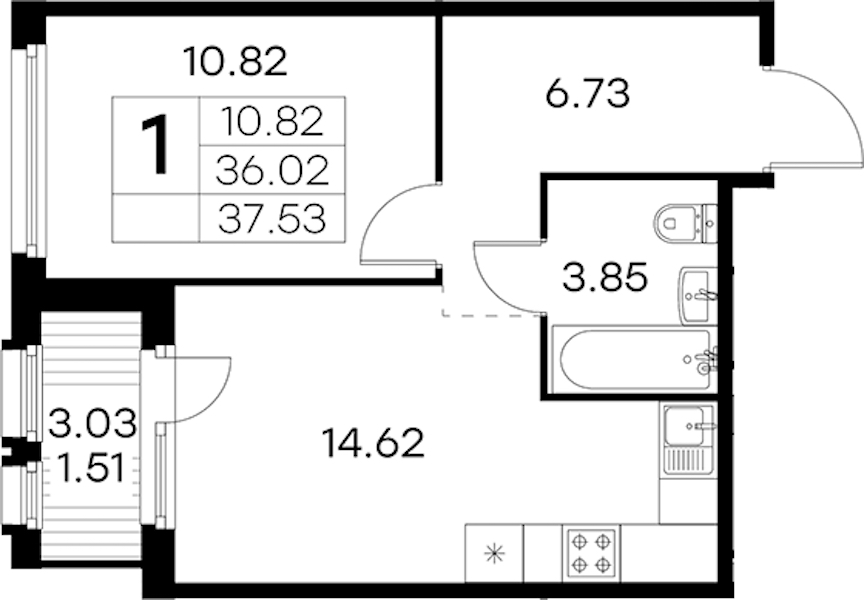 1-комнатная квартира 37.53 м², 8/15 эт., ЖК «GloraX Парголово»